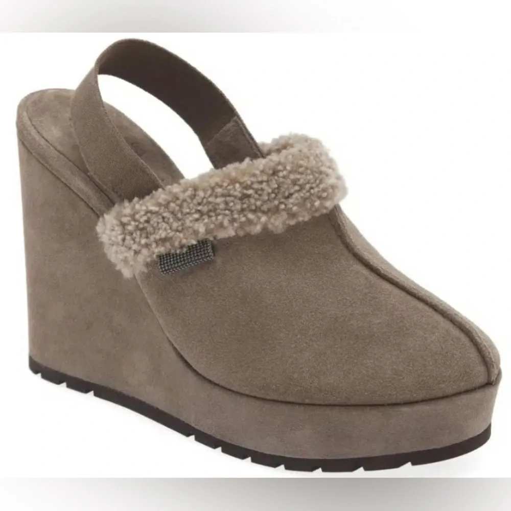 Brunello Cucinelli Suede Shearling Wedge Slingback Clogs Grey size EU 39 / US 9